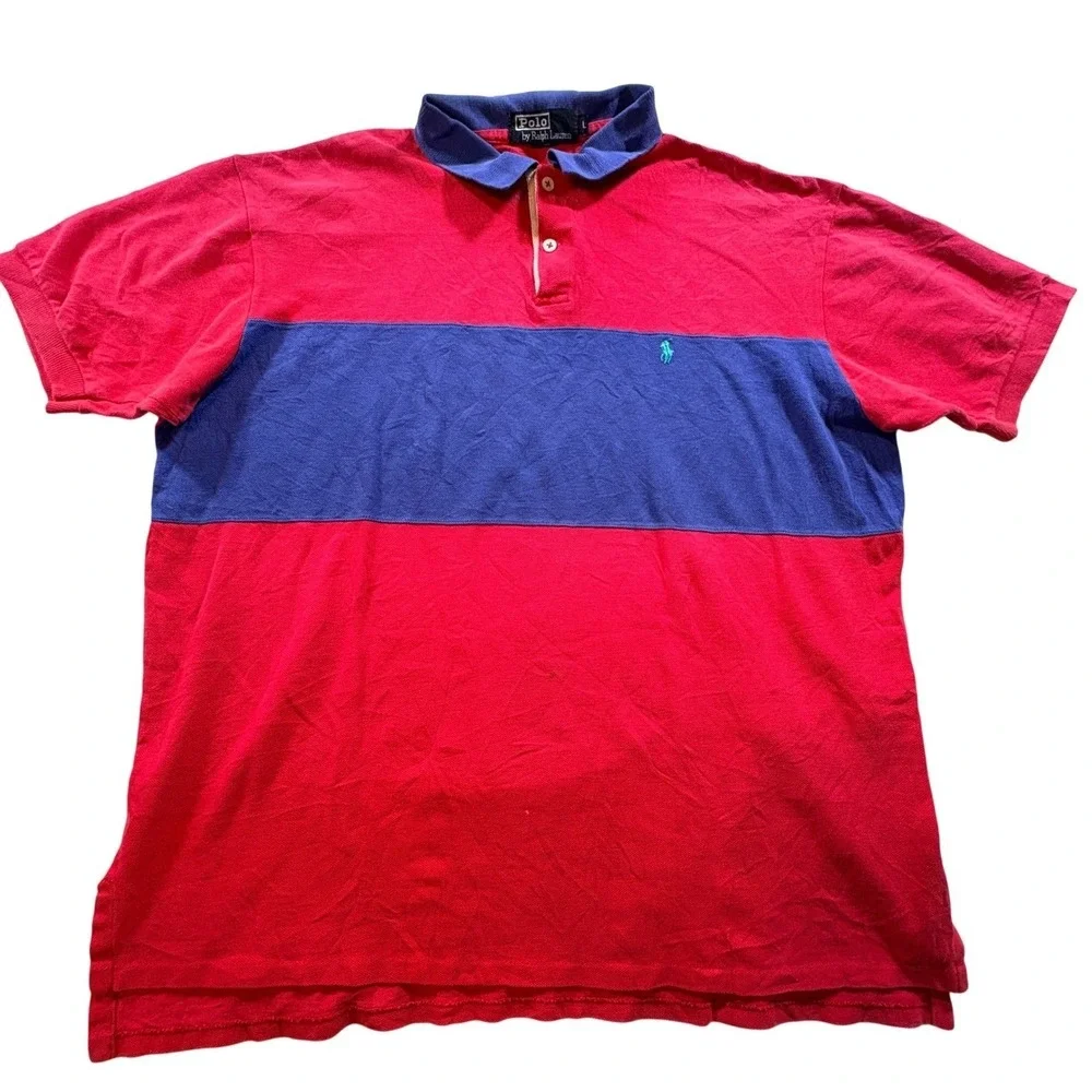 Polo Ralph Lauren Polo Shirt Mens Large Red Blue Color Block Vintage Made in USA